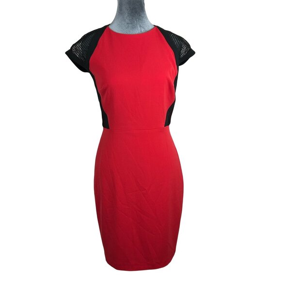 Cache Womens Red/Black Mesh Cap Sleeve Bodycon Dress Size 2 Beautiful Work Dress - Picture 10 of 10